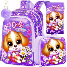16" Girls Backpack, 3Pcs Dog School Bookbag with Lunch Box, Kids Backpacks fo...