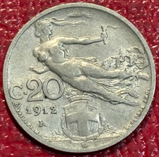 VF DETAILS  1912 R ITALY 20 CENTESIMI COIN-FLYING NUDE-EDGE ISSUES-NOV328