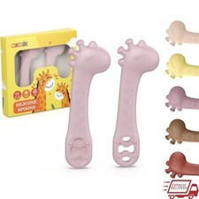Silicone Baby Spoons Self Feeding Teething Utensils Giraffe Design Toddlers New