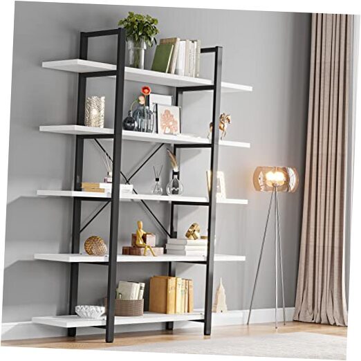5-Tier Bookshelf, Vintage Industrial Style Bookcase 72 H x 12 W x 47L White