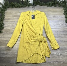 Fashion Nova Dress Size Large JUNIORS Yellow Collared Wrap Tie New With Tags