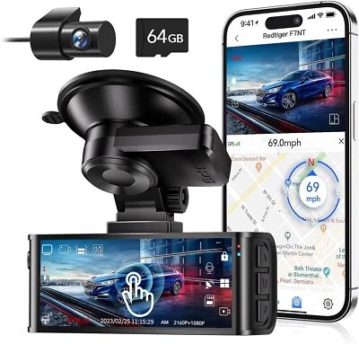 REDTIGER F7NT Dash Camera 4K Front and Rear, Touch Screen 3.18", Free 64GB Card