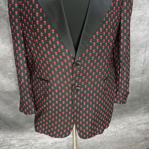 VTG After Six Flower Print Tuxedo Suit Jacket Mens 41R Black Mod Retro Velvet - Picture 3 of 12