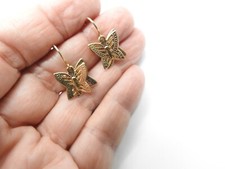 Textured Gold Tone Metal Double Butterfly Dangle Pierced Earrings Vintage