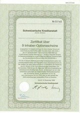 Schweizerische Kreditanstalt Zertifikat über 9 Inhaber-Optionsscheine - 1986