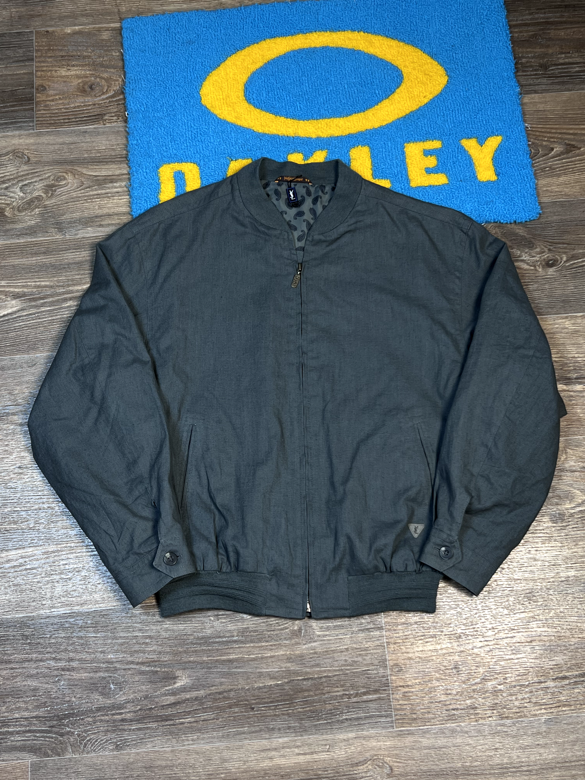 Giacca Harrington da uomo vintage Yves Saint Laurent verde lino cerniera intera taglia L