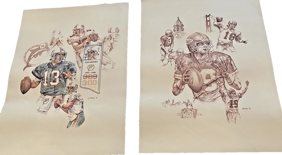 Lot of 2 VINTAGE Poster Prints 16X22”each, Artist Rugai, DAN MARINO, JOE MONTANA - Image 2 of 4