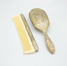 Vintage 2pc SET Brush Comb Set Grooming Vanity Celluloid Silverplate