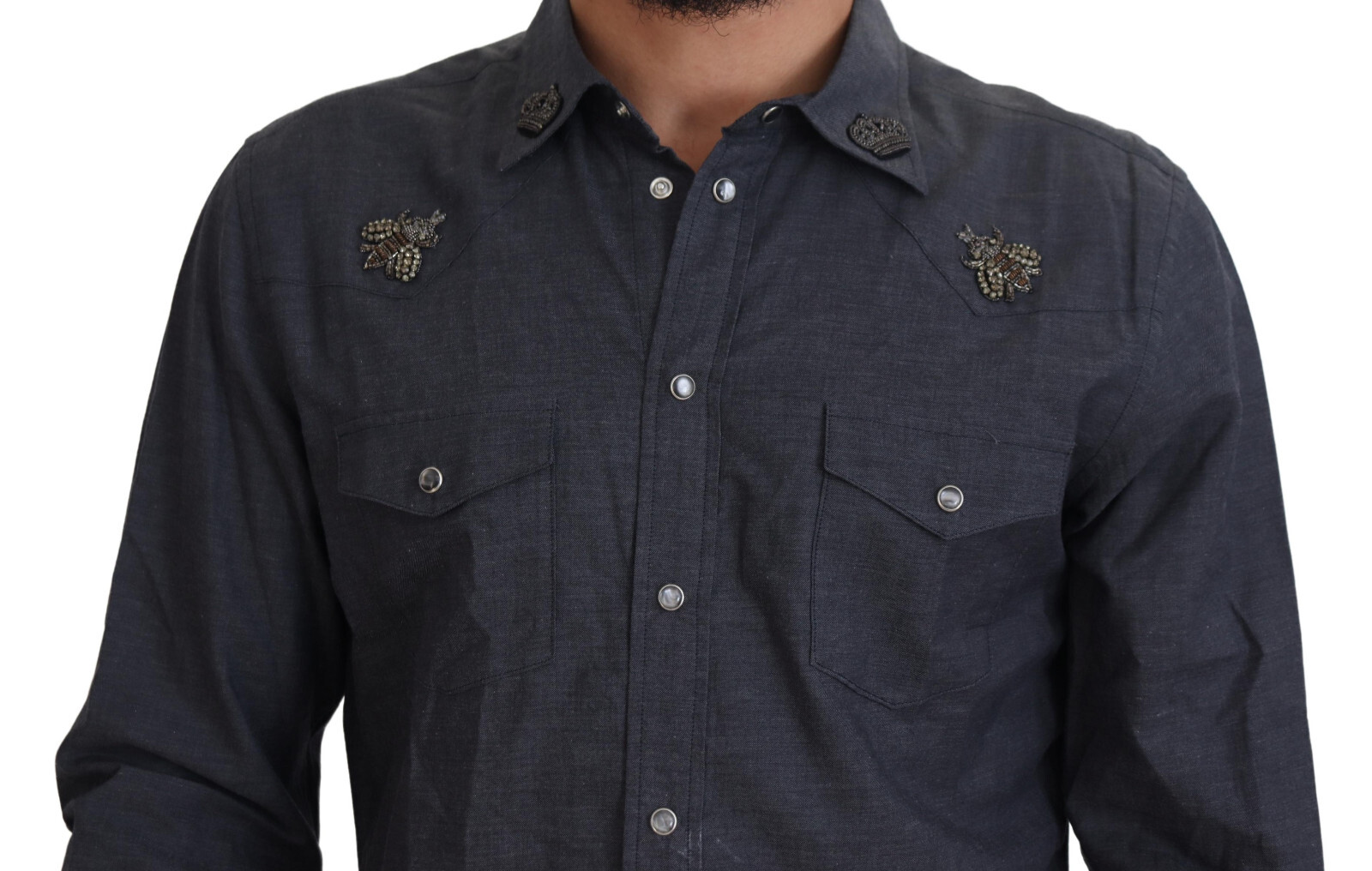 DOLCE & GABBANA Shirt Blue Cotton Denim Crystal Bee IT39/US15.5/S RRP 900usd image 4