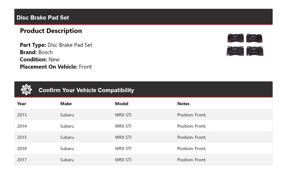 Pastillas de freno delanteras de cerámica QuietCast Bosch 2013-2017 Subaru WRX STI Bosch 2014 2015 Foto 2 de 4
