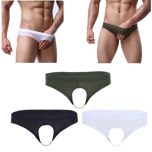 Men's Smooth Ice Silk Underwear Open Front Hole Bikini Swim Briefs Underpants - Picture 2 of 32