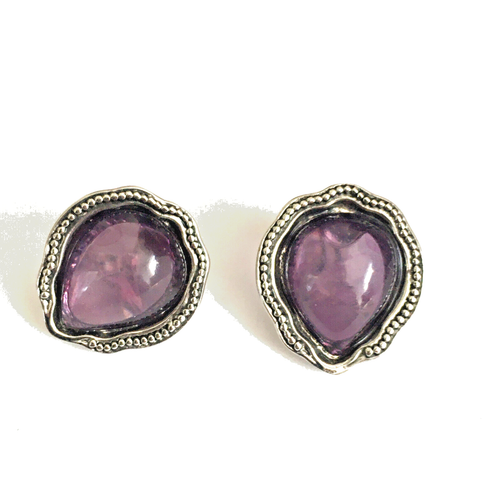 VINTAGE PURPLE GLASS SILVER TONE CLIP ON EARRINGS 1" OPEN BACK
