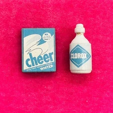 Lot of 2 Vintage Dollhouse Miniature Accessories Clorox and 1950s Wood Cheer Box