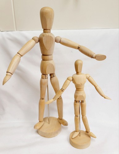 2 Artist's Mannequin Wooden Articulated Drawing Figure Jointed 12" and 8"