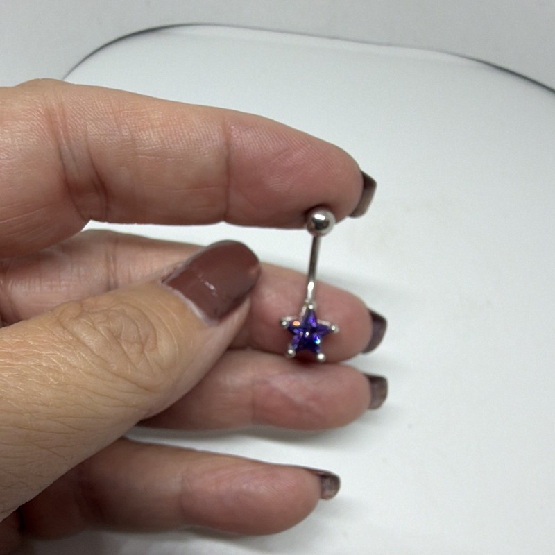 Stainless Steel Belly Button Barbell Ring, Blue Star CZ, Screw-On, 14g