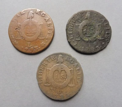 Convention - Sol à la Balance - Lot de 3 Monnaies : 1793 D, 1793 L, 1793 T - Photo 1/4
