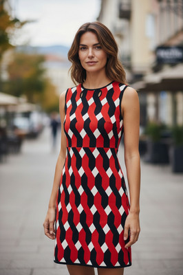 Rag & Bone Dress Womens Small Red Black Geometric Sleeveless Knit Shift Mini