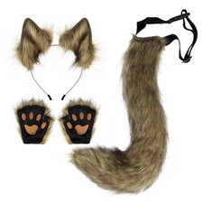 Faux Fur Wolf Ears Headband Fox Tail and Paw Gloves Set Cosplay Halloween Cos...