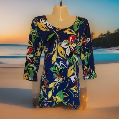 Easy Care Shark Bite Hem Tunic Top Sz Medium Blue Tropical Print Popover Blouse