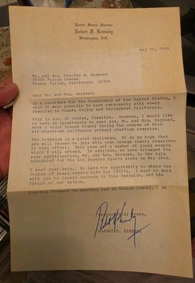 Signed Letter From Robert F Kennedy 5/10/1968 Candidate For Presidency Campaign 