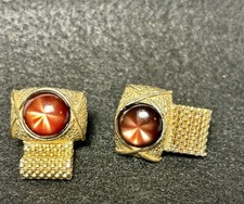 Vintage Swank Mesh Wrap Around Cufflinks Faux Topaz Stone Chunky Gold Tone