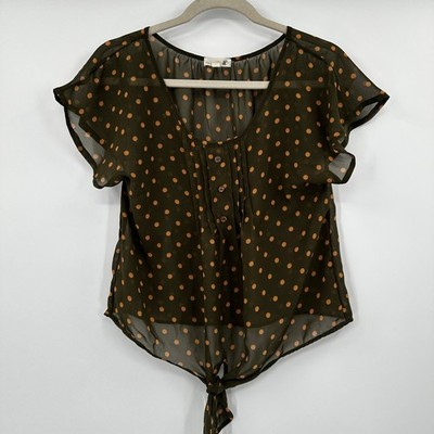 Mine Polka Dot Tie Front Sheer Blouse Olive Green Brown Medium Flutter Sleeve