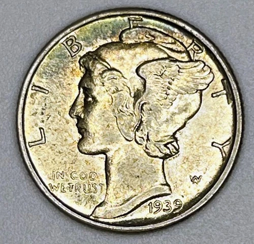 1939-D Mercury Dime 90% Silver Denver UNC Uncirculated Toning Toned