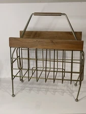 Mid Century Iron and Wood Magazine Rack | Vintage MCM Vinyl Holder| Media Rack