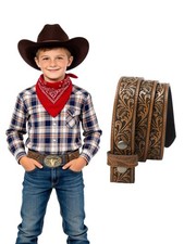 Kids Boys Western Belt Cowboy Leather Belt-Girls Adjustable Embossed Leather ...
