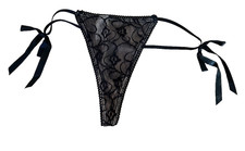 VINTAGE NWOT Y2K Black Floral Lace Side Bows Thong G-String Panties Medium / 6