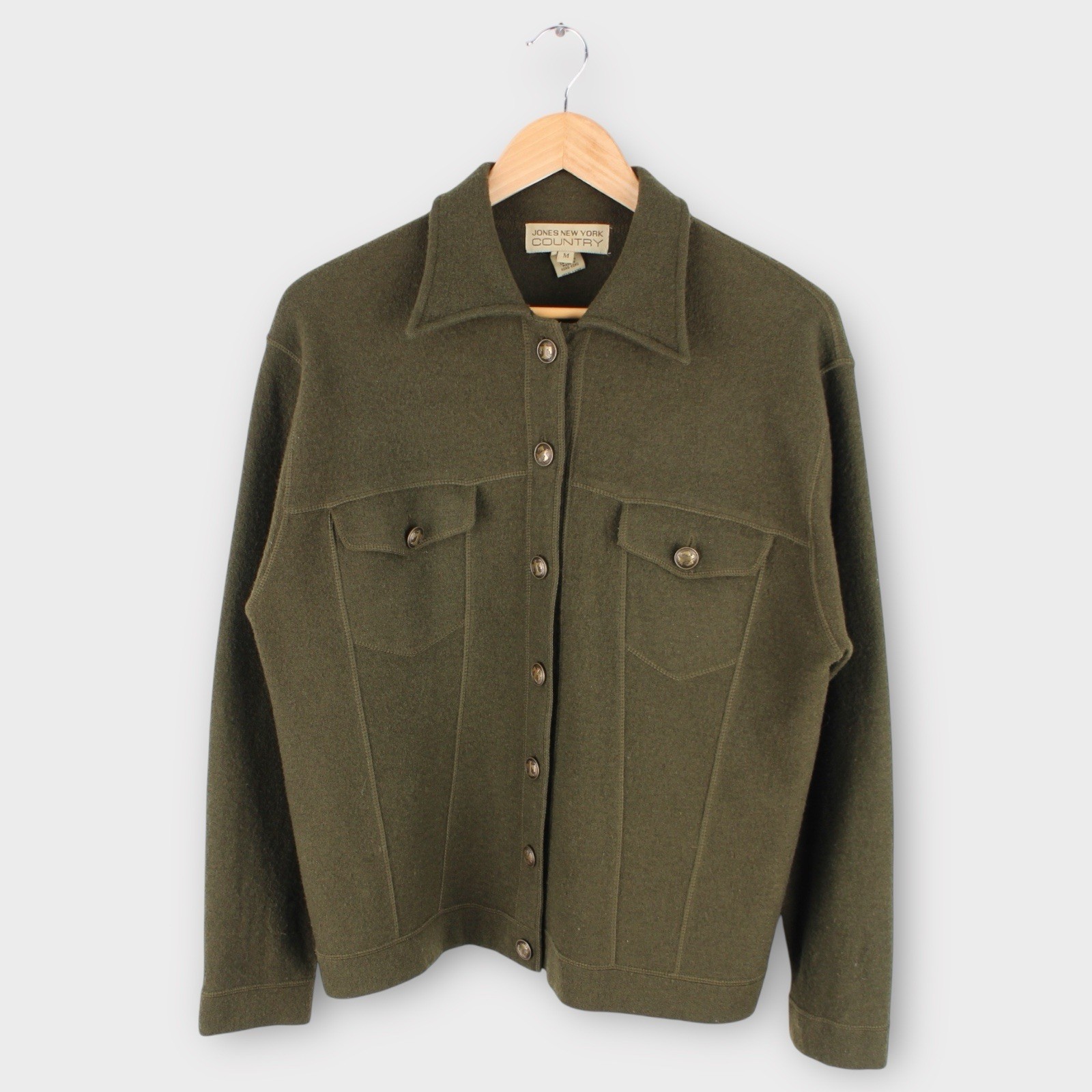 Vintage Jones New York Country Womens M Green Wool Military Style Button Jacket