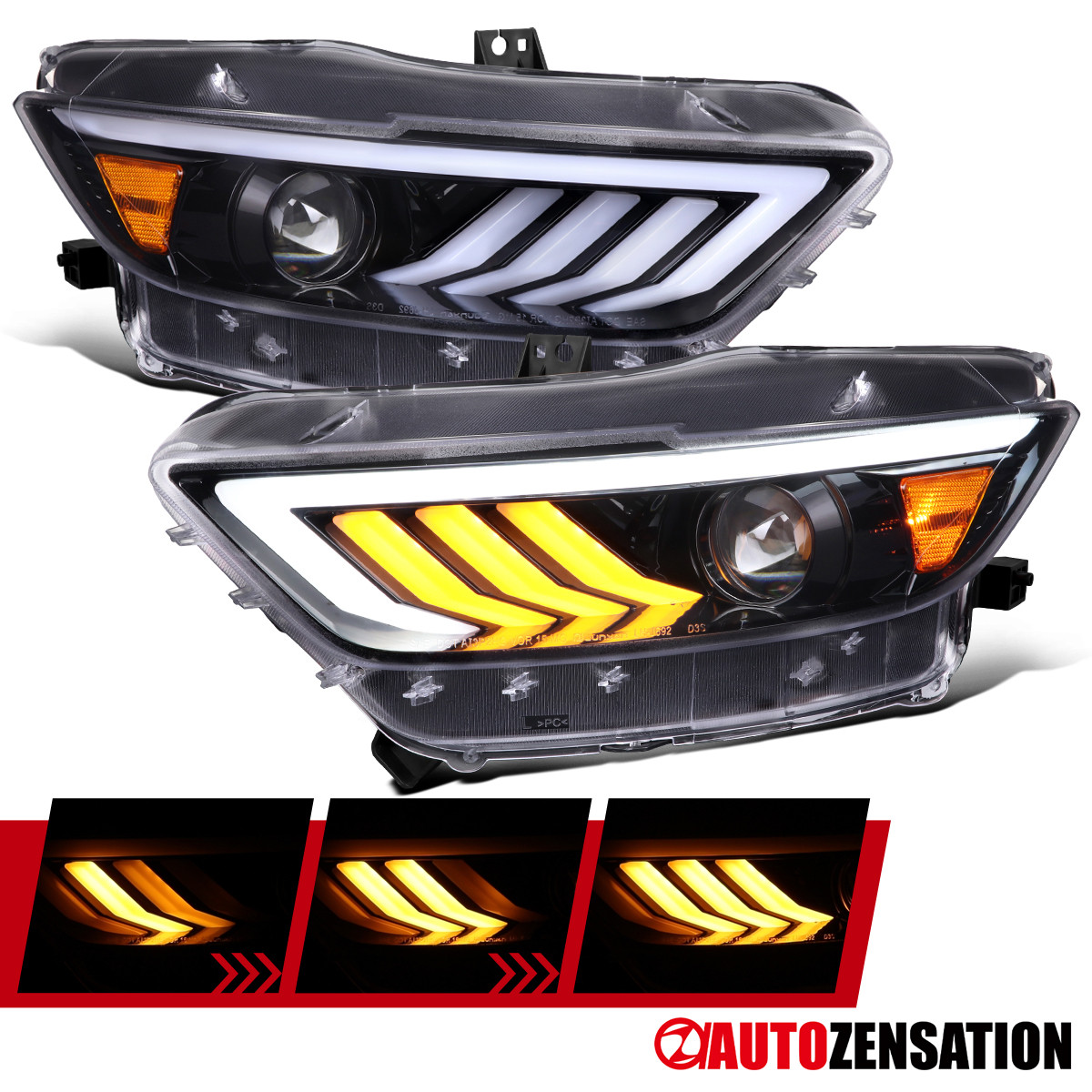 Sequential LED Fit 2015-2020 Ford Mustang GT Slick Black Projector Headlights