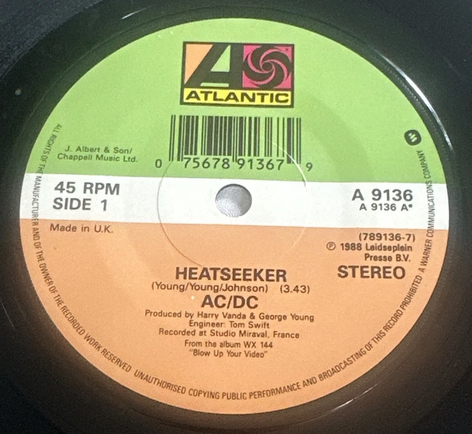 ACDC ~ Heatseeker 7” Vinyl Single 1988 Heavy Metal Excellent Condition - Image 4 of 4