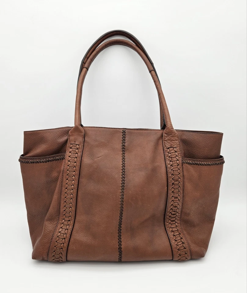 Banana Republic Large Brown Leather Tote, Double Handles, 2010, Side Pouches - Image 2 of 4