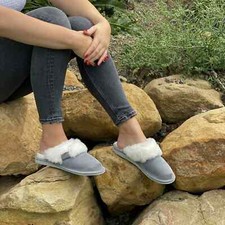 Hollert Women's Merino Lambskin Slippers MALIBU GRAY/WHITE Genuine Leather