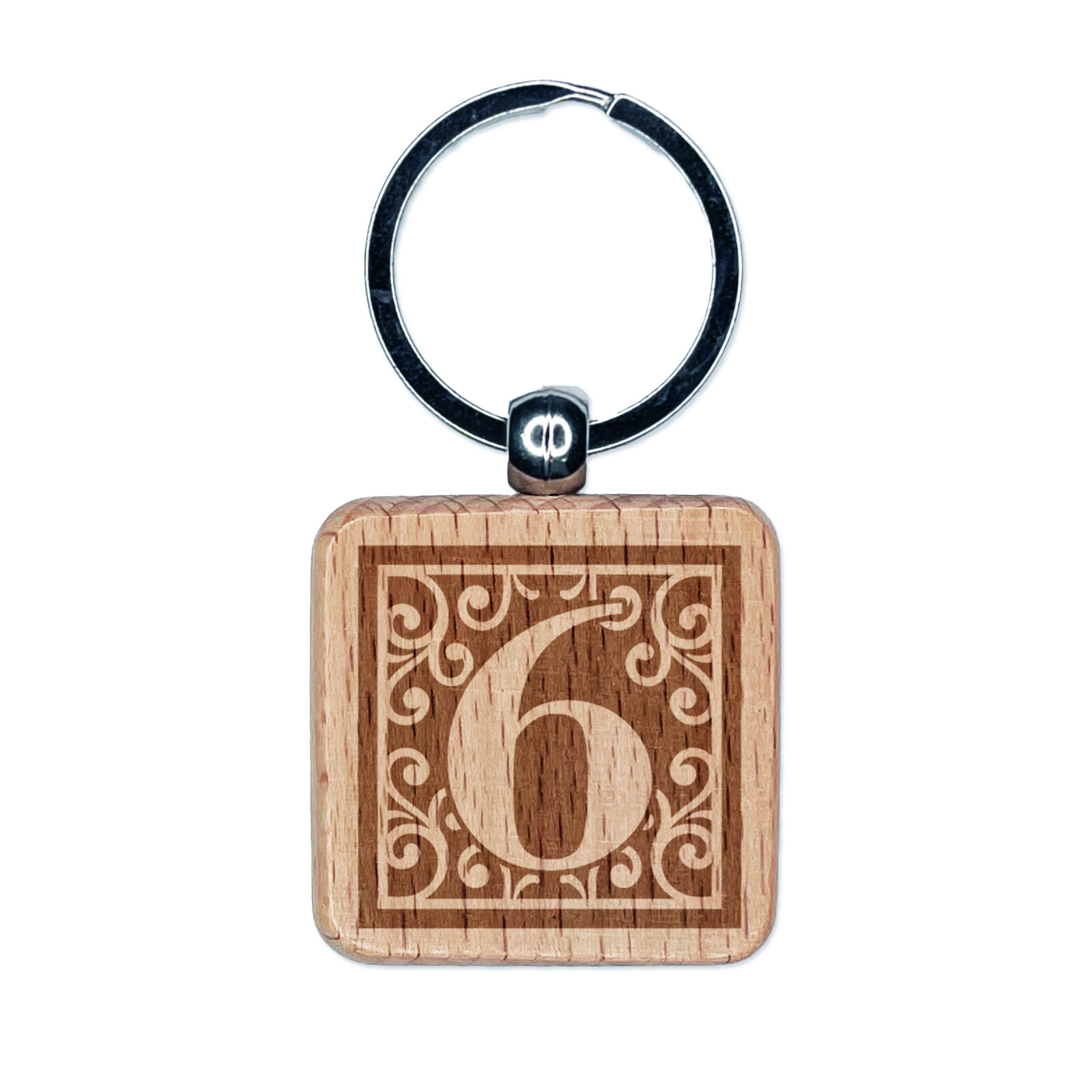 Monogram Swirls Engraved Wood Keychain Charm Number Six 6  