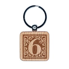 Monogram Swirls Number 6 Six Engraved Wood Square Keychain Tag Charm