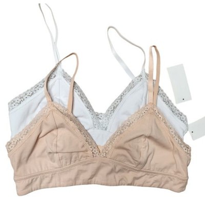Jenni Bralette On Repeat Wide Lace Trim Cotton Size SMALL Set of 2 White & Nude