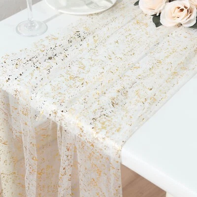CRAFTSNFAVORS 10 ft WHITE GOLD Metallic Glitter Sheer Chiffon TABLE RUNNER Party Decorations