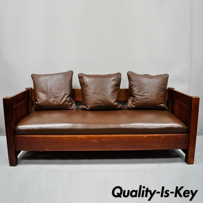 Gustav Stickley Settle 225 Even Arm Brown Leather Mission Oak
