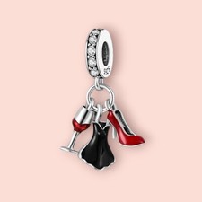 Sterling Silver 925 Date Night Wine Dress Shoes European Love Charm Pendant Gift