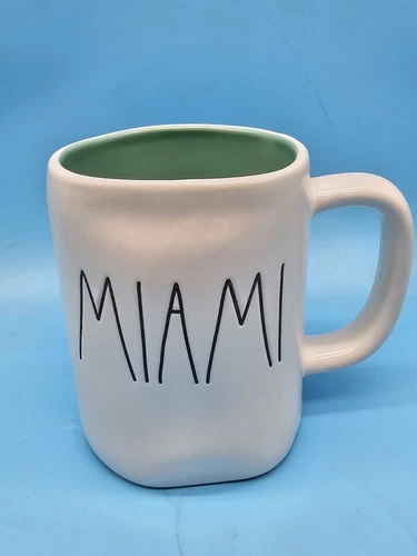 RAE DUNN ARTISAN COLLECTION BY MAGENTA COFFEE MUG WHITE/GREEN "MIAMI" PALM TREE