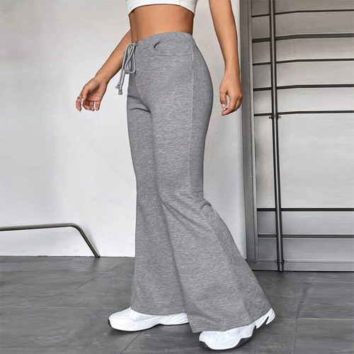 Womens Elastic Waist Flared Joggers Pants Ladies Sport Wide Leg Trousers Bottoms - Picture 5 of 11