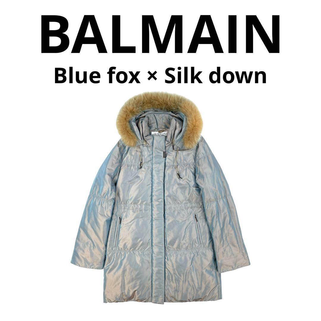 BALMAIN PARIS Women's Fox Silk Down Jacket Coat Hooded Size