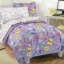Girls Twin Full Bed Bag Purple Pink Yellow Butterflies 7 pc Comforter Sheet Set
