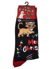 Meowy Cat Christmas Socks Unisex Crew One Size Black Red Novelty Knee High