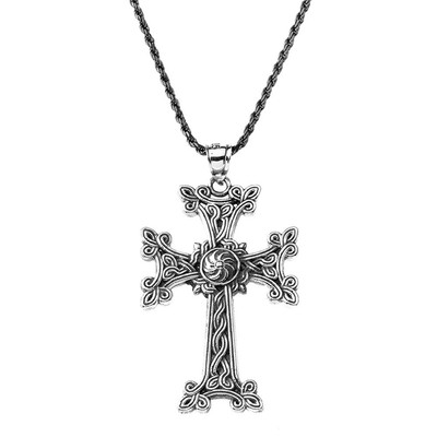 Oxidized Silver Eternity ''Khachkar'' Armenian Cross Pendant Necklace(Large)