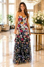 Lulus Women's Size Small 3D Multicolor 3D Applique Strapless Mesh Maxi Dress