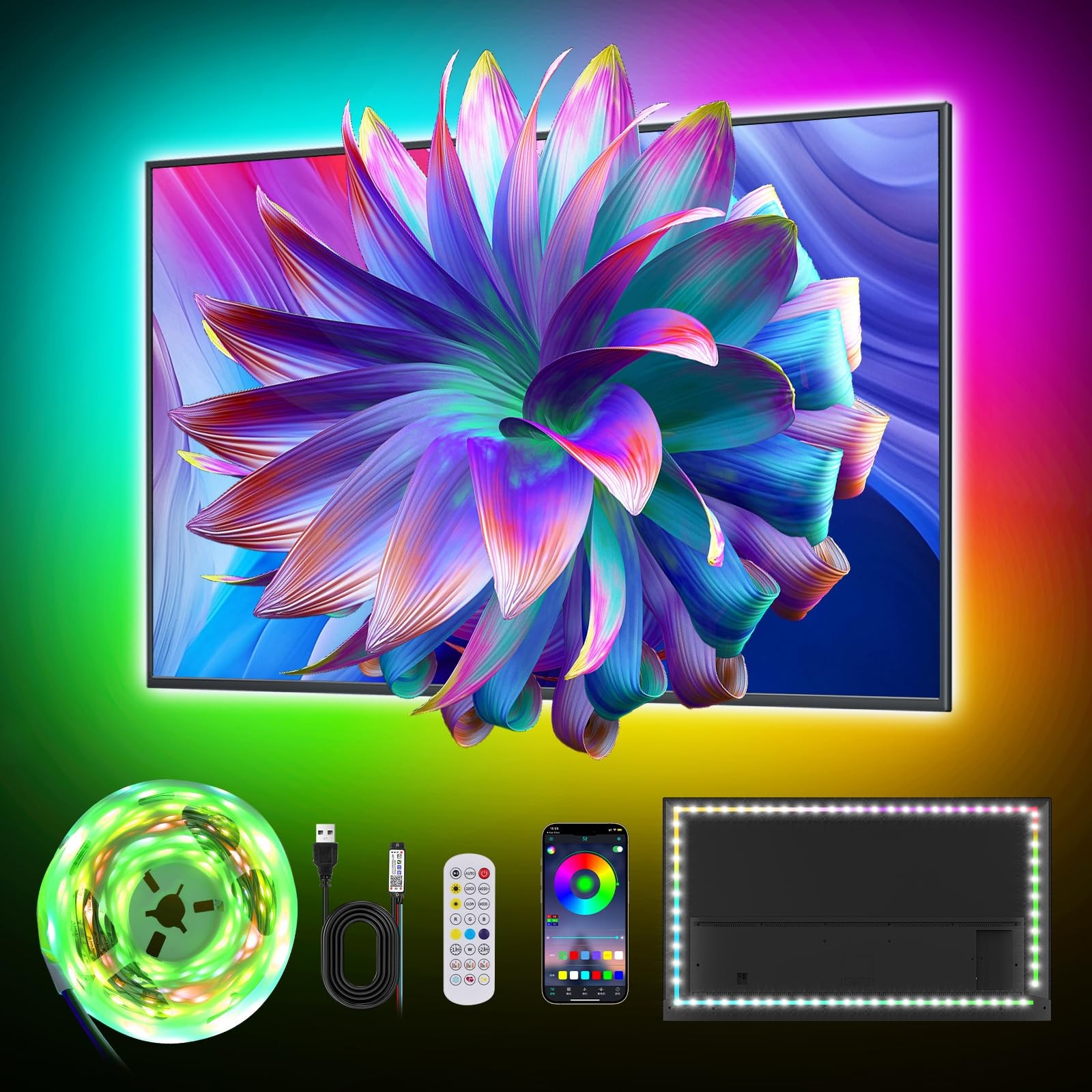 Ruban LED TV RGBIC Dreamcolor rétroéclairage USB 2m ruban lumineux pour téléviseur 40-60 pouces
