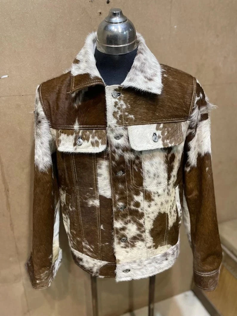 Men’s Genuine Cowhide Hair-On Leather Jacket -Natural Cow Skin Pattern Coat Gift